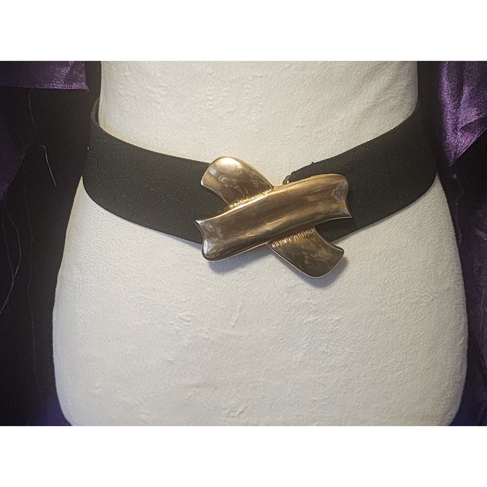Vintage Motion East Black Elastic Cinch Belt Gold Sculptural X Buckle Wide 2in
